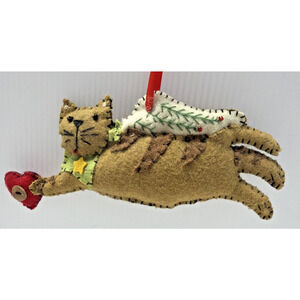 Tabby Cat Christmas Ornament Felt Angel Flying Heart Brown